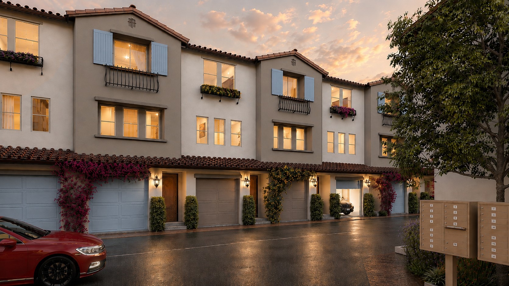 Interior courtyard rendering — sunset